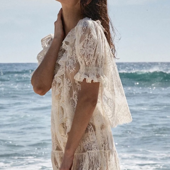 Doen Henri Lace Sheer Top Blouse - Sea Salt Ivory Cream Bohemian Vacation Causal - Picture 13 of 13